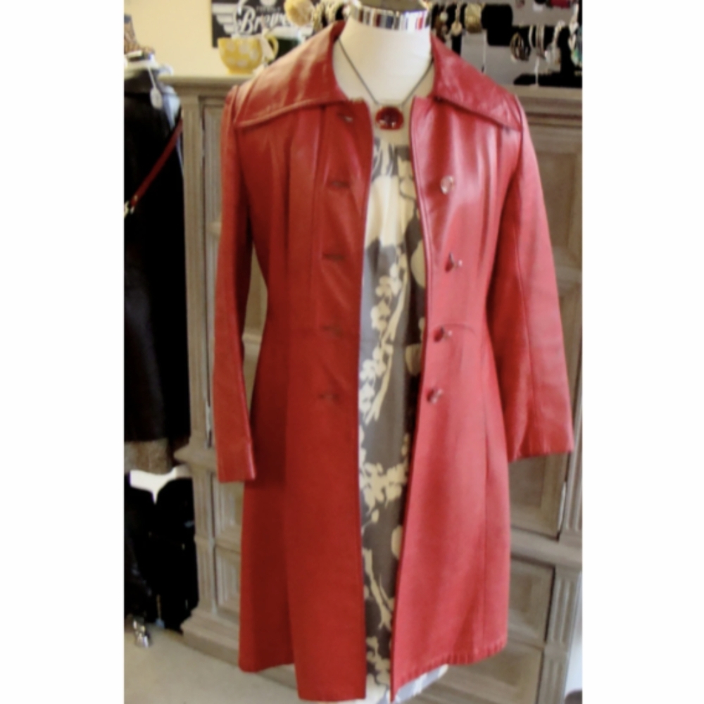red LEATHER COAT vintage trench jacket S - Picture 7 of 11